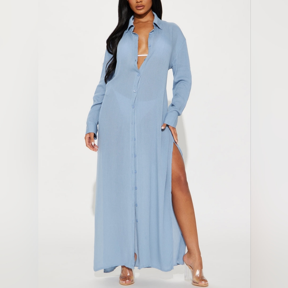 Fashion Nova Breezy Nights Swim Cover Up Kimono Blue Button Front Maxi- L